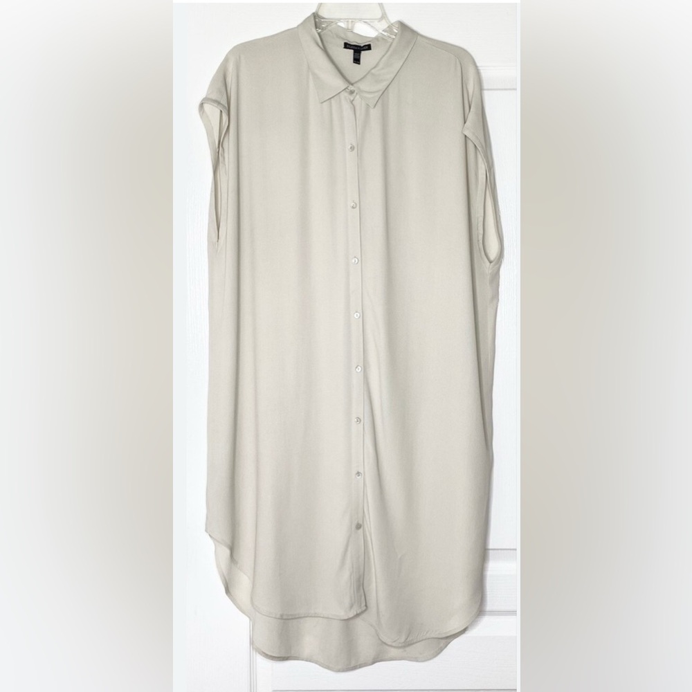 Eileen Fisher Bone Ivory White 100% Silk Sleeveless Crepe Georgette Shirt Dress